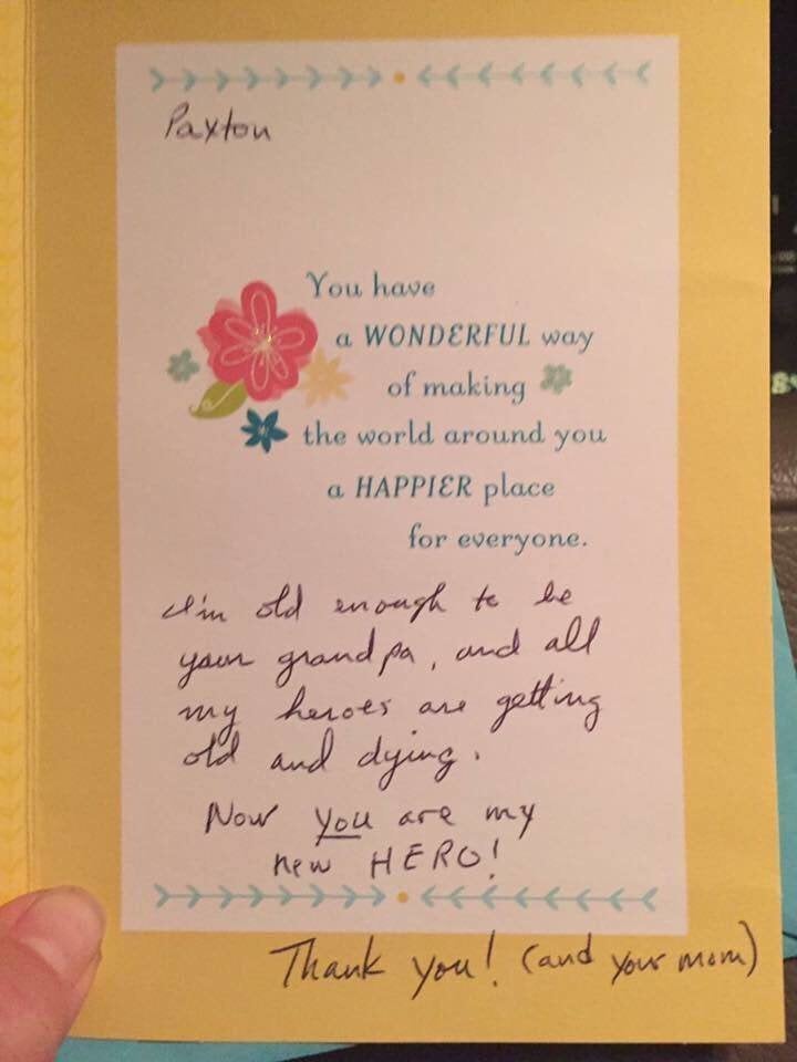 Paxton received a card in the box from someone who called the 6-year-old his "hero."