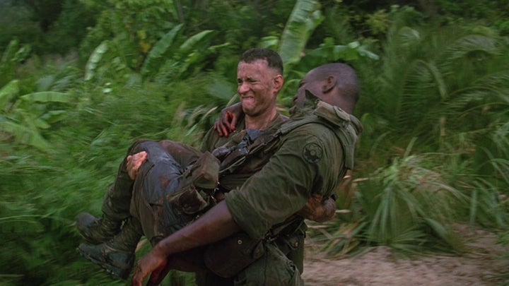 Forrest Gump carrying Bubba in the movie, Forrest Gump.