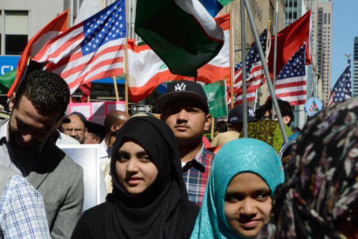 People walk in the annual Muslim Day Parade in Manhattan on Sept. 25, 2016.