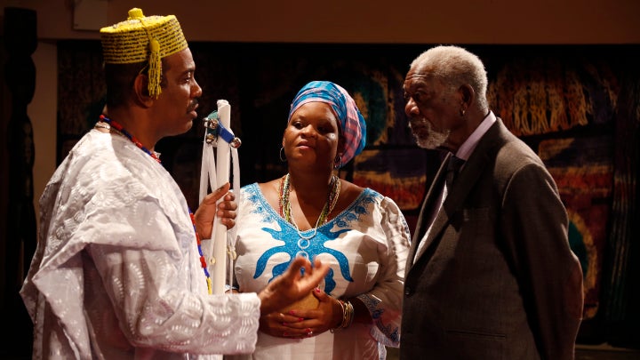 Morgan Freeman interviews Babalawo Oluwole Ifakunle, professional practitioner of traditional Ifa and Orisa worship, and Funlayo Wood, Harvard Divinity School doctoral candidate in African studies and religion, at the National Black Theatre.