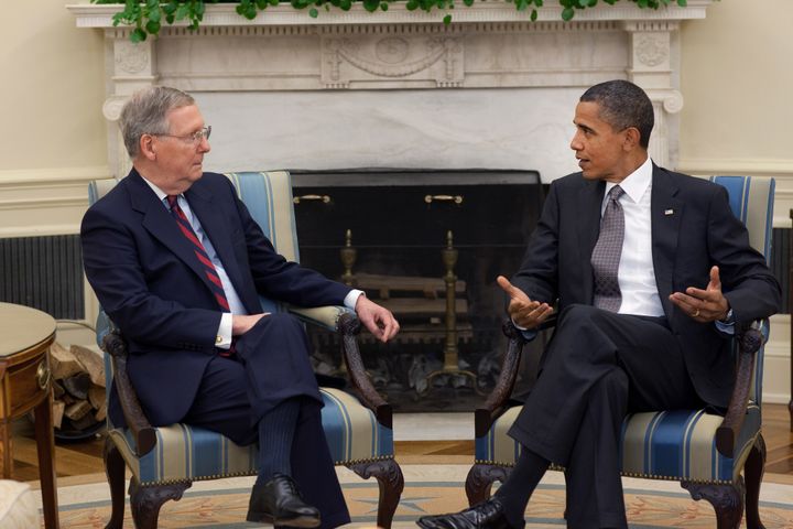 <p>President <a href="https://www.huffpost.com/news/topic/barack-obama">Barack Obama</a> meets with Senate Minority Leader Sen. Mitch McConnell, R-Ky., in the Oval Office, Aug. 4, 2010. (Official White House Photo by Pete Souza) </p>