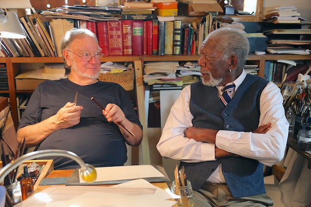 Master calligrapher Mohamed Zakariya demonstrates his talents to actor Morgan Freeman in an episode of "The Story of God."