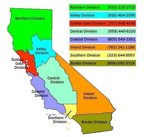 <p>Map of CHP Divisions</p><p>https://www.chp.ca.gov/programs-services/programs/commercial-vehicle-section/commercial-industry-education-program</p>