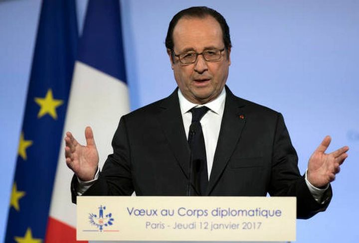 French president Francois Hollande delivers his new year address to diplomats, at the Elysee Palace in Paris, Thursday, January 12, 2017. Hollande says Sunday's Mideast peace conference in Paris aims at ensuring the support of the international community for the two-state solution as a reference for future direct negotiations.