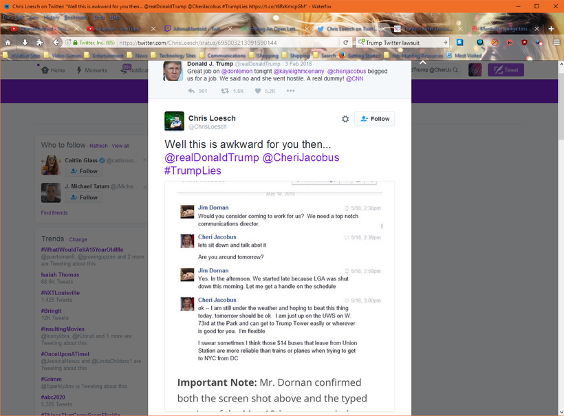In this screen grab of part of the conversation on Twitter, we see proof that Donald Trump lied about his version of events