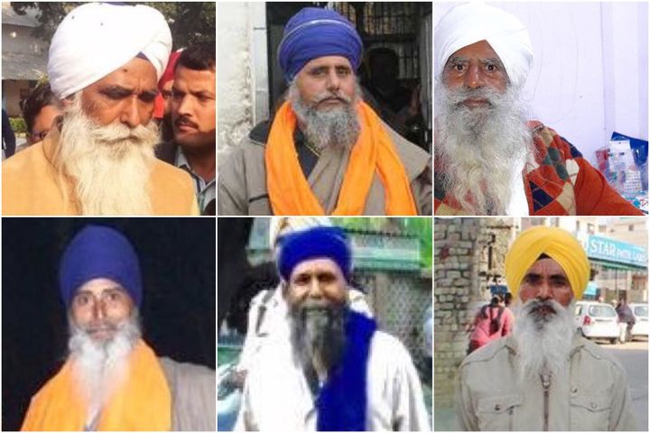 Released Sikh political prisoners (L to R): Bhai Waryam Singh, Bhai Hardeep Singh, Bapu Gurcharan Singh, Bhai Baaj Singh, Bhai Sukhdev Singh, Bhai Sher Singh (not pictured: Bhai Nirmal Singh and Bhai Devinder Singh)