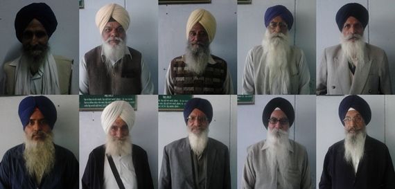 Released Sikh political prisoners (L to R): Bapu Assa Singh, Bapu Saroop Singh, Bapu Maan Singh, Bapu Harbhajan Singh, Bapu Balwinder Singh, Bhai Harjinder Singh, Bapu Mohan Singh, Bapu Avtar Singh, Bapu Gurjant Singh, Bapu Seva Singh