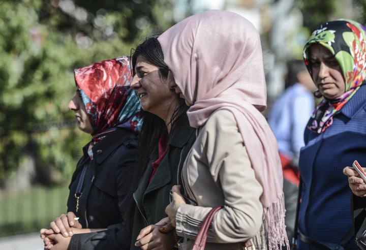 People gather in front of an Ankara, Turkey, hospital where victims of the Oct. 10 bombing had been taken.