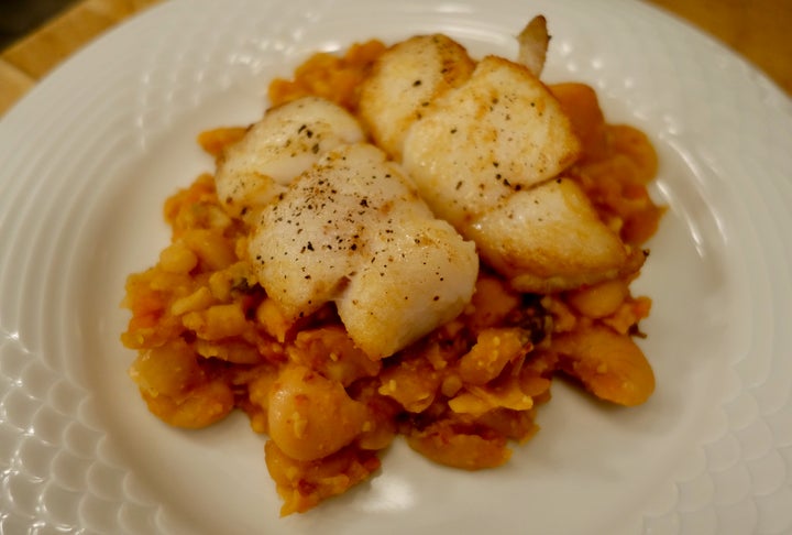 <p>Hake with crushed ’nduja beans</p>