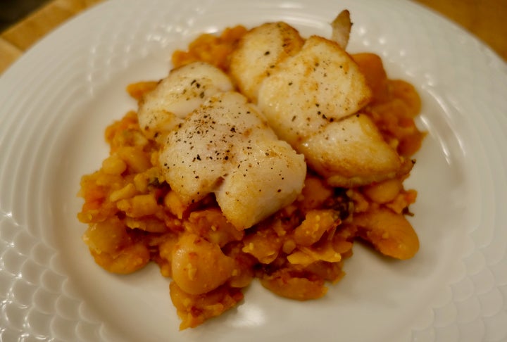 Hake with crushed ’nduja beans