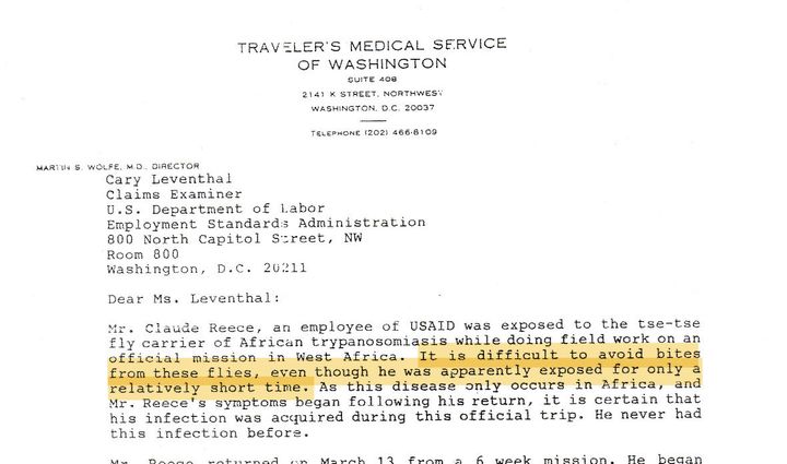 A note from the physician who treated Reece in 1995 confirmed Reece was diagnosed with trypanosomiasis, more commonly known as sleeping sickness.
