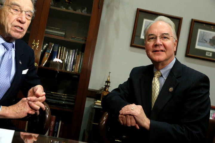 U.S. Senator Chuck Grassley (R-IA) welcomes Representative Tom Price (R-GA), President-elect Donald Trump's nominee to be secretary of health and human services, in Grassley's office on Capitol Hill in Washington, U.S. December 8, 2016. REUTERS/Jonathan Ernst