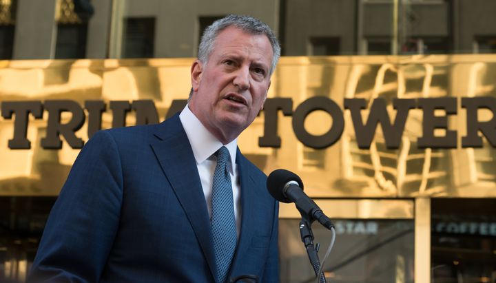 New York City Mayor Bill de Blasio (D) speaks at a press conference at Trump Tower in New York, Nov. 16, 2016. He plans to attend a protest at the Trump International Hotel in Manhattan on Thursday.
