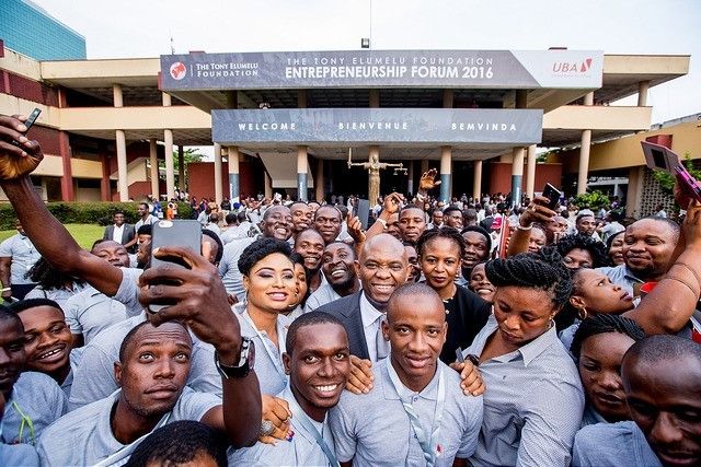 <p>Tony Elumelu surrounded by Tony Elumelu Entrepreneurs during the 2nd edition of the Tony Elumelu Foundation Entrepreneurship Forum, October 2016.</p>