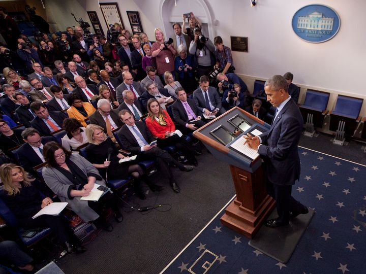 President Barack Obama speaks in the press briefing room of the White House in December. 