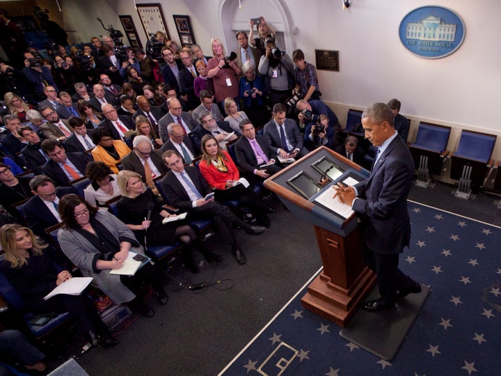 President Barack Obama speaks in the press briefing room of the White House in December. 