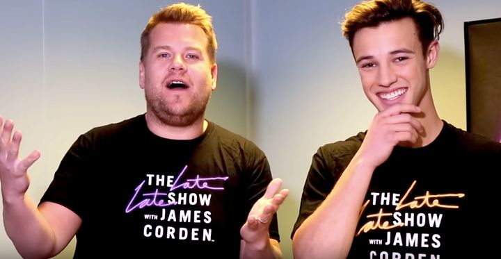James Corden and Cameron Dallas take part in the two-minute clothing challenge.