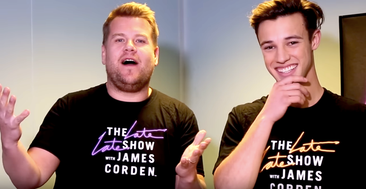 James Corden and Cameron Dallas take part in the two-minute clothing challenge.