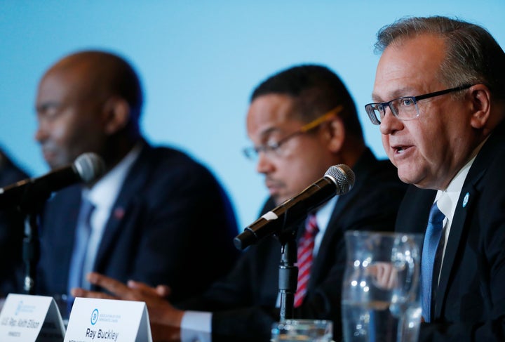 From left to right: South Carolina Democratic Party chair Jaime Harrison, Rep. Keith Ellison (D-Minn.) and New Hampshire Democratic Party chair Ray Buckley address a forum.