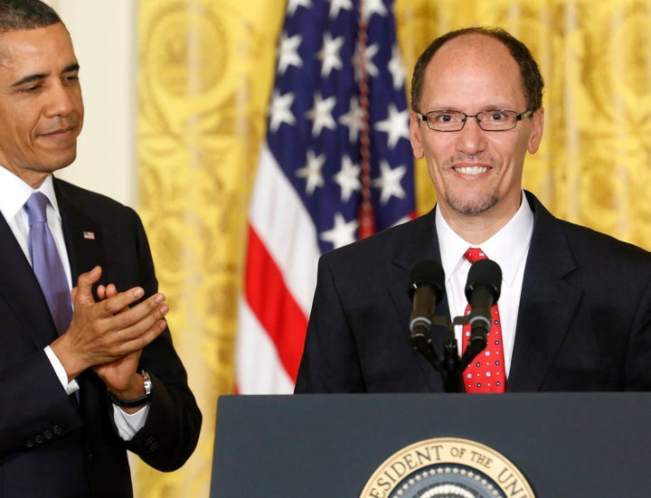 President Barack Obama applauds Tom Perez, his then-nominee for labor secretary, at the White House on March 18, 2013. Obama has praised Perez during the DNC race.