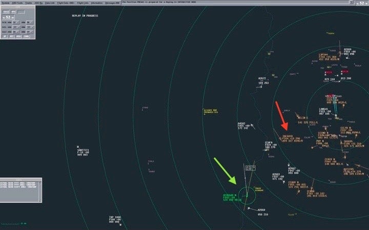 Radar at 13:52:38 military time. The Cougar helicopter is designated by the green arrow, in a green circle, and flight IB6830 with the red arrow. The apparent angle of the camera relative to the Cougar prohibits the viewing of IB6830, which is too far to the right. 