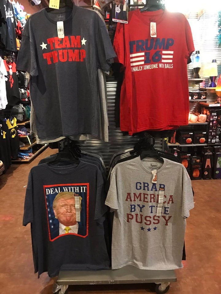 The Spencer Gifts Trump tee-shirt display in Portland, Oregon 