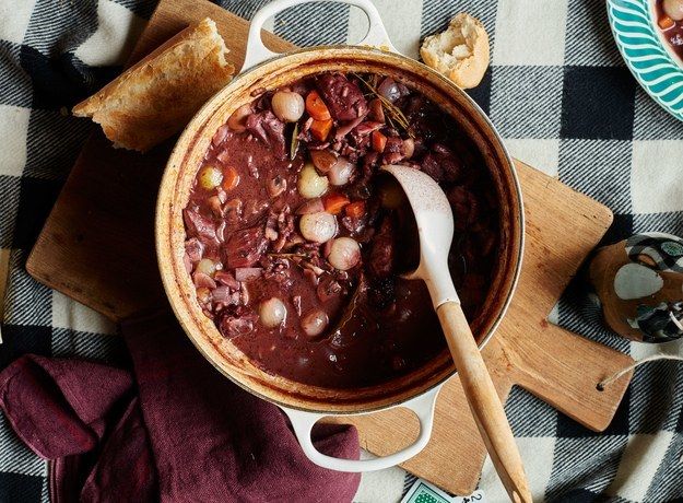Remember, your tablecloth is just a blanket for your table, and this cog au vin is a perfect hygge dinner option.