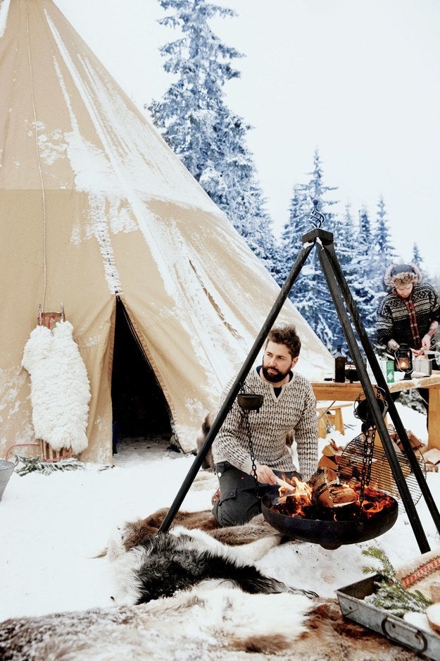<p>Hygge pros only: cook outdoors, next to your yurt. In the snow.</p>
