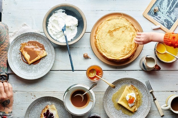 Does every crepe sauce have its own ceramic serving bowl? Check. Kids wearing adorable sweaters? Check. IS THAT A LITTLE ACORN CENTERPIECE? Check.