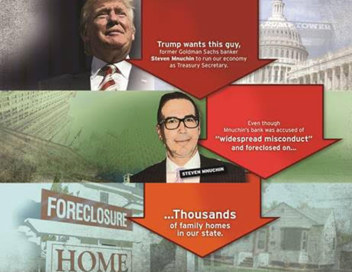 Allied Progress mailer opposing Steve Mnuchin, Donald Trump's choice for treasury secretary.