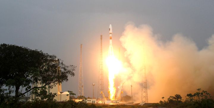 The Russian Soyuz VS01 rocket, carrying the first two satellites of Europe's Galileo navigation system, blasts off from its launchpad at the Guiana Space Center.