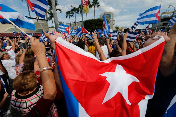 Cuban Americans in Miami's Little Havana celebrate the death of longtime Cuban leader Fidel Castro on Nov. 26, 2016.