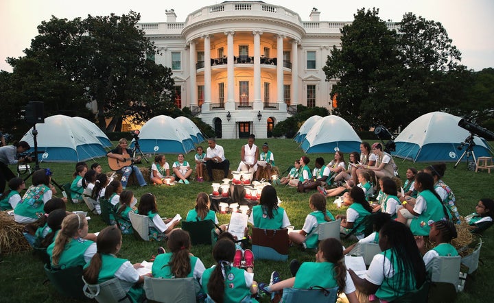 Barack and Michelle Obama hosted a group of Girl Scouts from across the country for a campout on the the White House South Lawn in June 2015. 