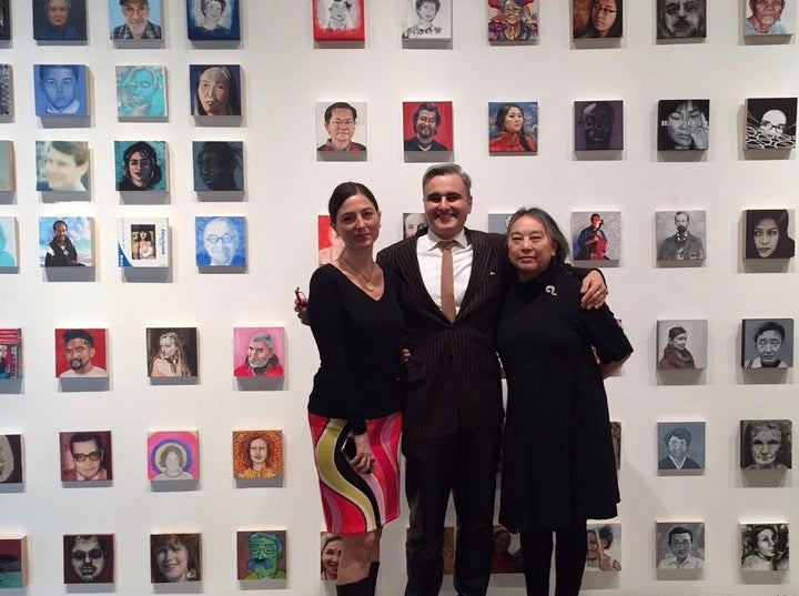 <p>Co-curators Monica Lundy and Walter Maciel with Chinese born American contemporary painter, Hung Liu.</p>