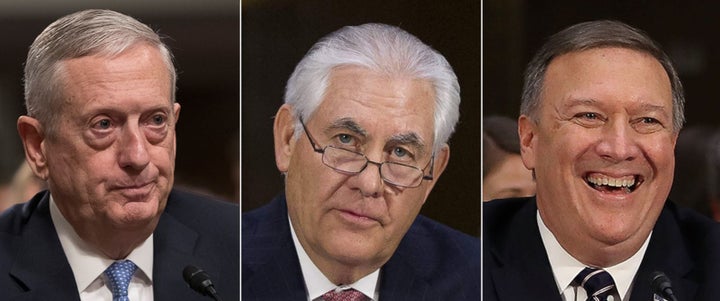 Secretary of Defense nominee James Mattis (left), Secretary of State nominee Rex Tillerson (center), and CIA Director nominee