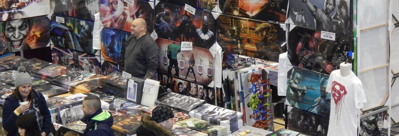 A merchants table at a Comic-Con in Wales, UK awaits its first costumers.