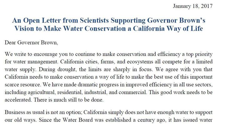 An open letter to Governor Jerry Brown from scientists urging stronger water conservation and efficiency efforts.