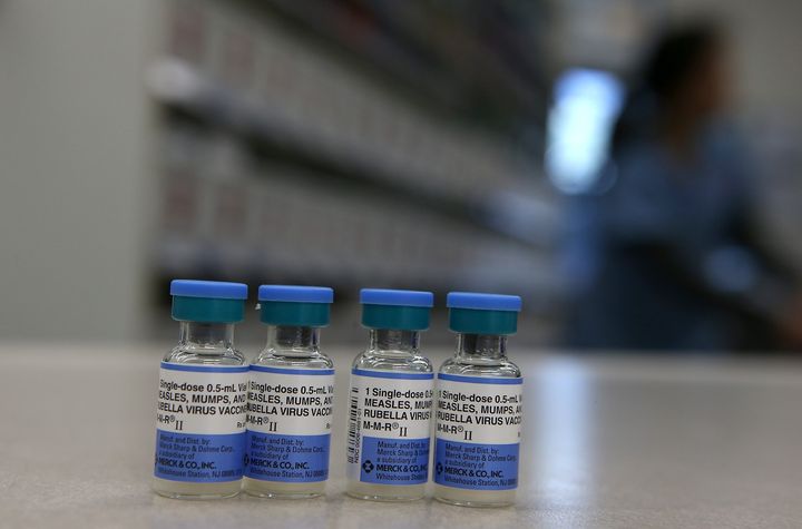 Vials of an MMR vaccine are displayed on a counter at a Walgreens Pharmacy. Numerous large-scale scientific studies have concluded that thimerosal, a mercury-based preservative once widely used in vaccines, is safe.