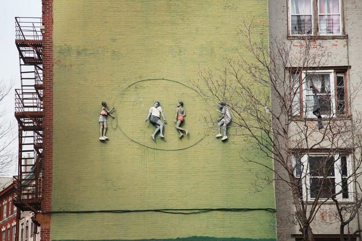 The photo above shows the “Bronx Double Dutch” mural mentioned in the caption below James Fuentes photo. The mural which was erected around 1981 – 1982 at Intervale Ave and Kelly St depicts four local girls, Frieda, Javette, Towana and Stancey at play as part of Mr. Ahearn and Mr. Torres series Homage to The People of The Bronx.