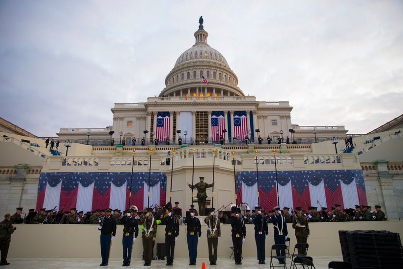 U.S. military members participate in a dress rehearsal for the 58th Presidential Inauguration ceremony, in Washington D.C., J