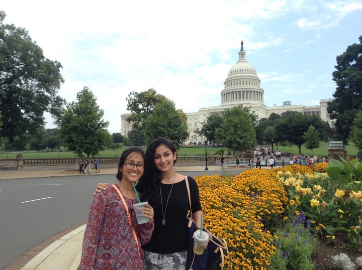 Mahira Tiwana, right, and her friend Sarina Shrestha visit Washington, D.C. during their first year in the U.S.