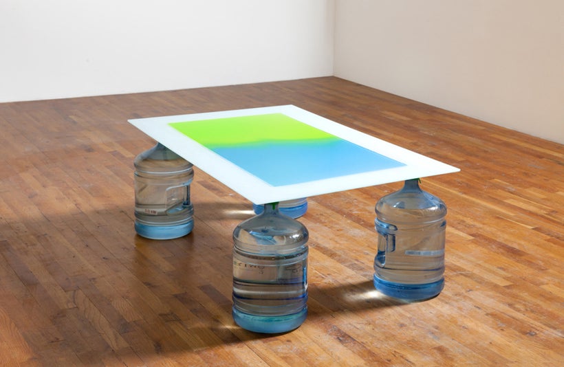 <em>Rationed Water</em>, 2013, Hydrophobic coating, Tempered Glass, Water, Plastic Bottles, Fierce Apple Gatorade, Blueberry-
