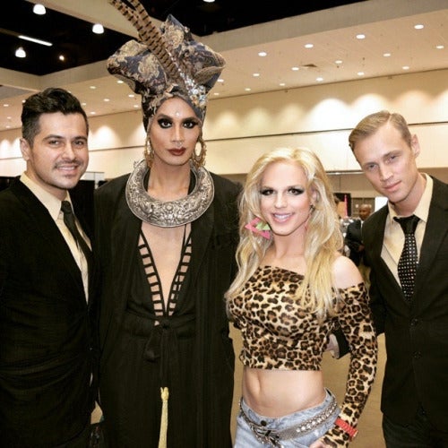 Visual artist Nick San Pedro, Derrick Barry as Britney Spears and Mackenzie Claude (Nebraska Thunderfuck) join RuPaul’s Drag Race, Season 3 winner Raja backstage at an event.