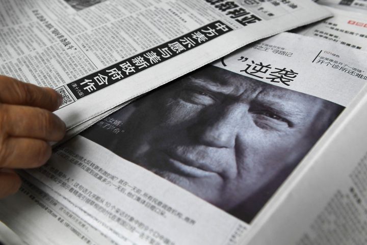 A newspaper featuring a photo of Donald Trump at a newsstand in Beijing on Nov. 10, 2016.