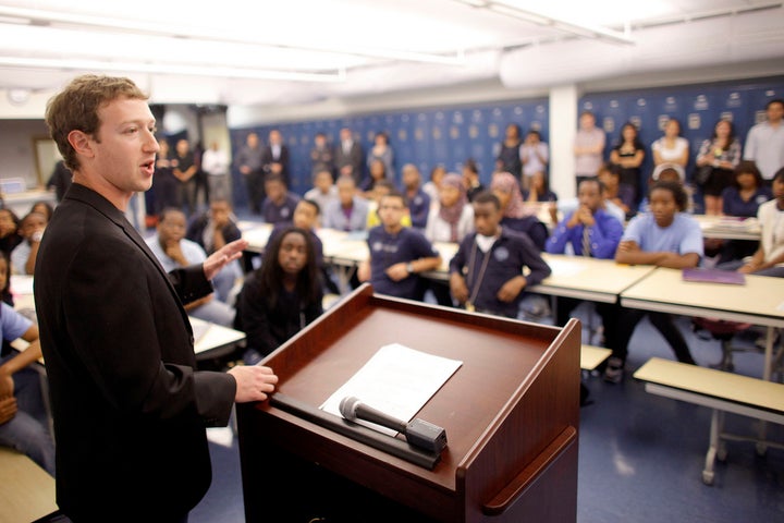 Mark Zuckerberg meets with an inner city class in Newark shortly after donating $100 million