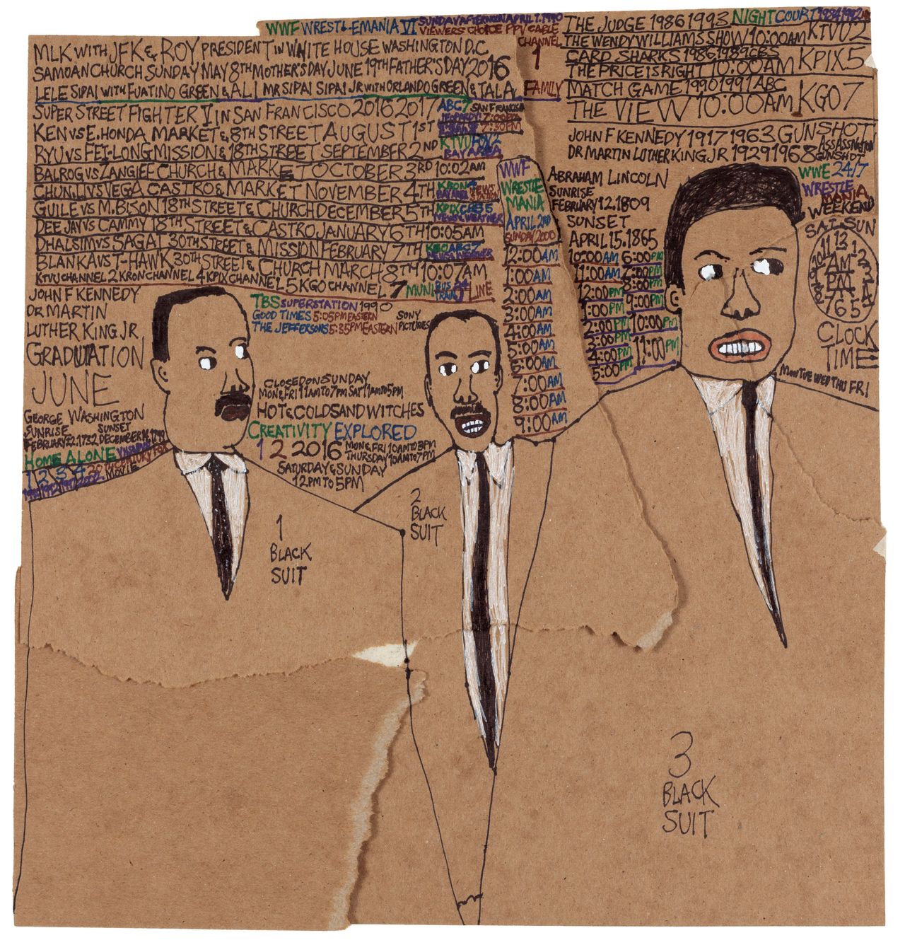 Daniel Green, "MLK with JFK and Roy," 2016, marker on paper, 14.25 x 13.5 inches