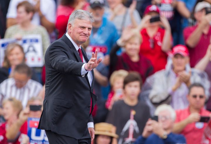 Anti-Muslim pastor, Rev. Franklin Graham, takes the stage before president-elect Donald Trump during a thank you rally on December 17, 2016 in Mobile, Alabama.