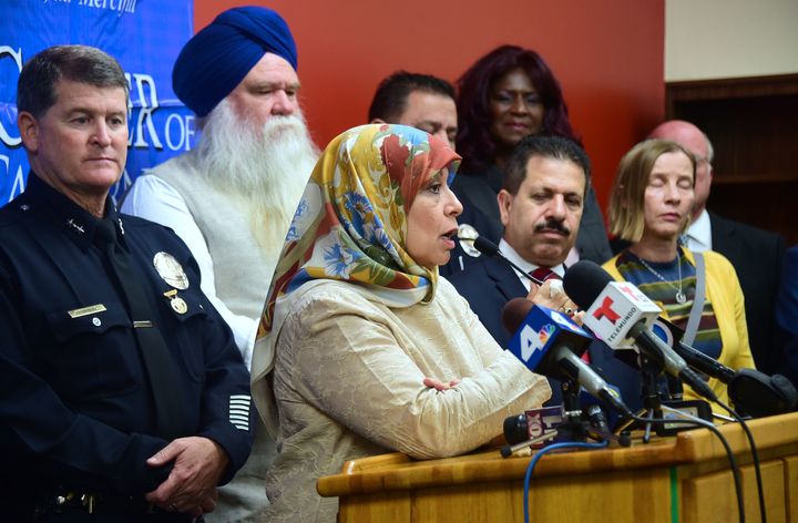 Hedab Tarifi, Chairperson of the Islamic Center of Southern California, addresses the media following the arrest of a man in connection with threatening phone calls on Oct. 25, 2016.