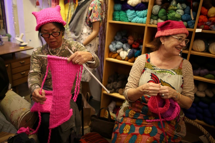 Angela Gee and Molly Cleator take part in the Pussyhat campaign from Los Angeles on Jan. 13, 2017. The campaign will provide pink hats for protesters in the Women's March on Washington.