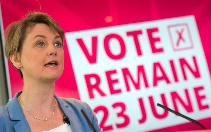Yvette Cooper speaks during a press conference in central London during the EU referendum campaign